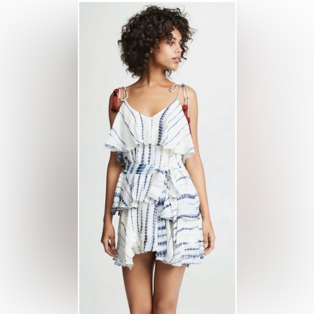 HEMANT & NANDITA BLUE WHITE TIE DYE RED FRINGE TIERED MINI DRESS GREAT COND XS